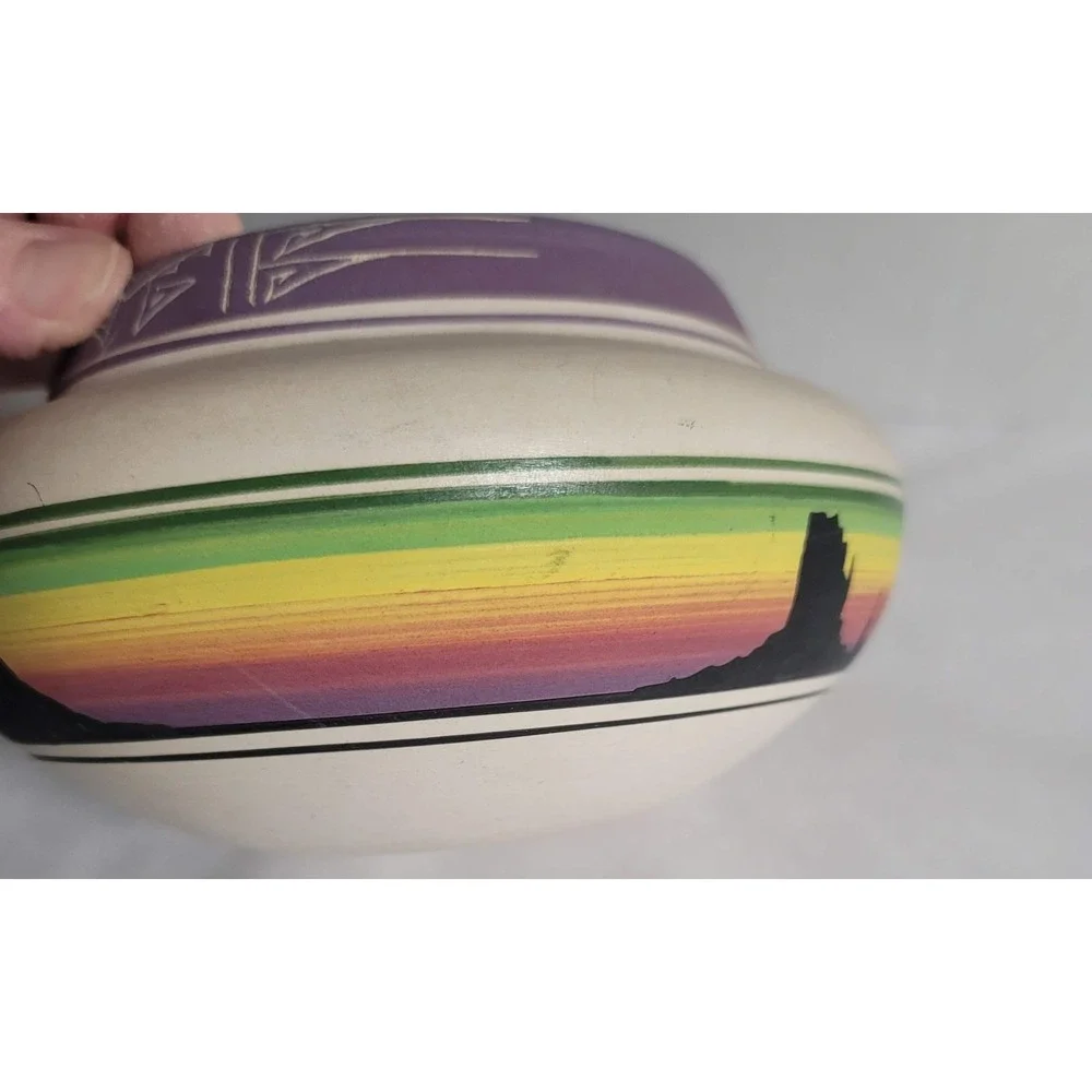 Southwest Native American Ute Pottery Vase Bowl Sunset Desert Scene‎ Signed